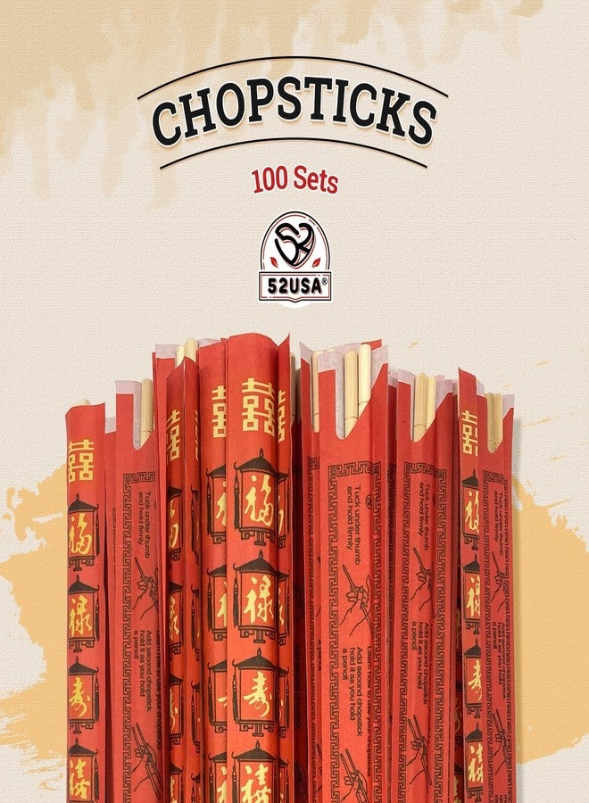 52USA Disposable Bamboo Chopsticks (100 Sets) - 9'' Long, UV Treated, Individually Wrapped Japanese and Chinese Wooden Chopsticks Bulk - Image 2